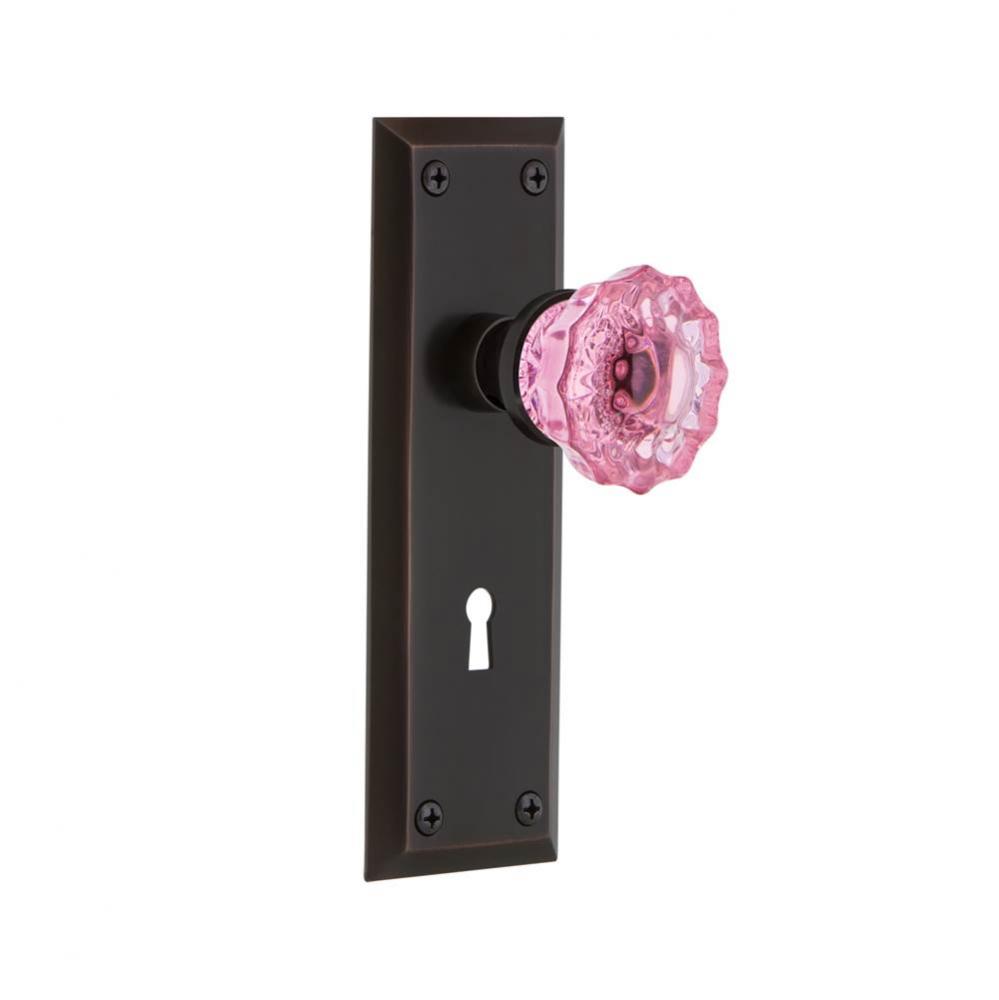 Nostalgic Warehouse New York Plate with Keyhole Passage Crystal Pink Glass Door Knob in Timeless B