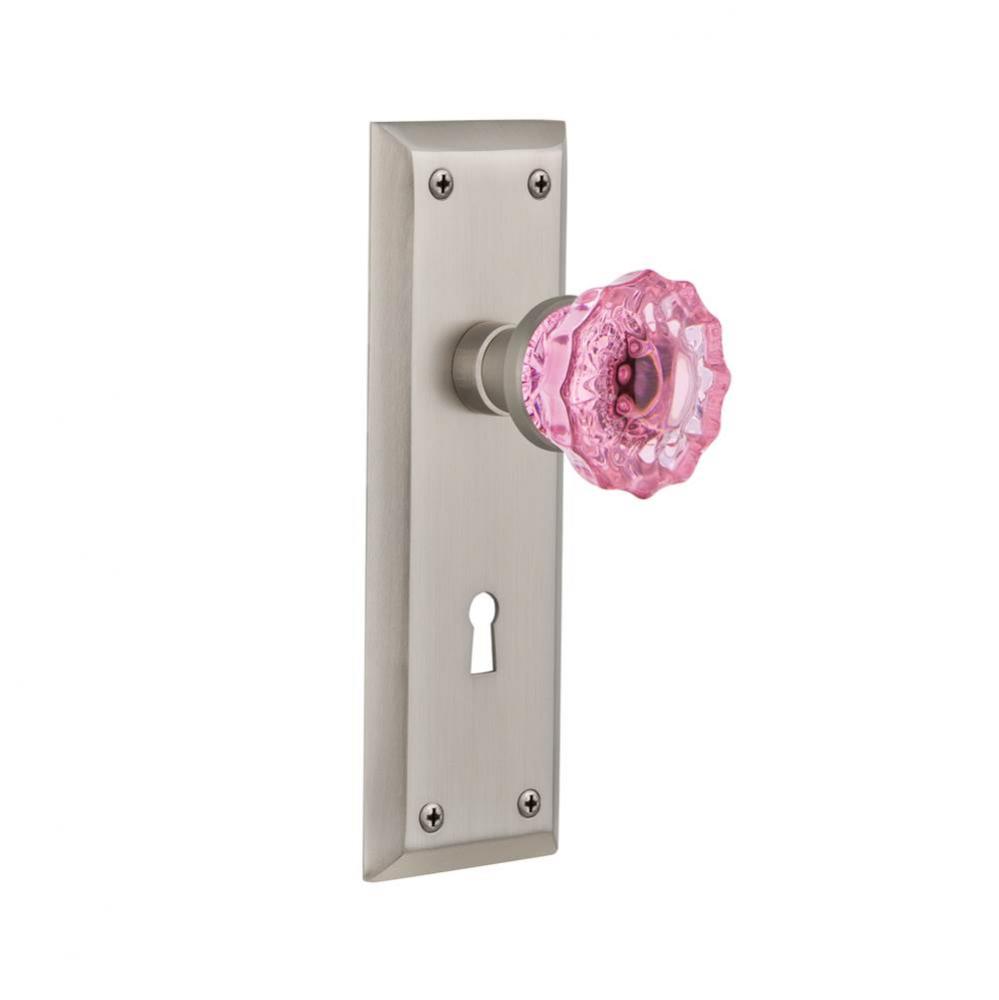 Nostalgic Warehouse New York Plate with Keyhole Passage Crystal Pink Glass Door Knob in Satin Nick