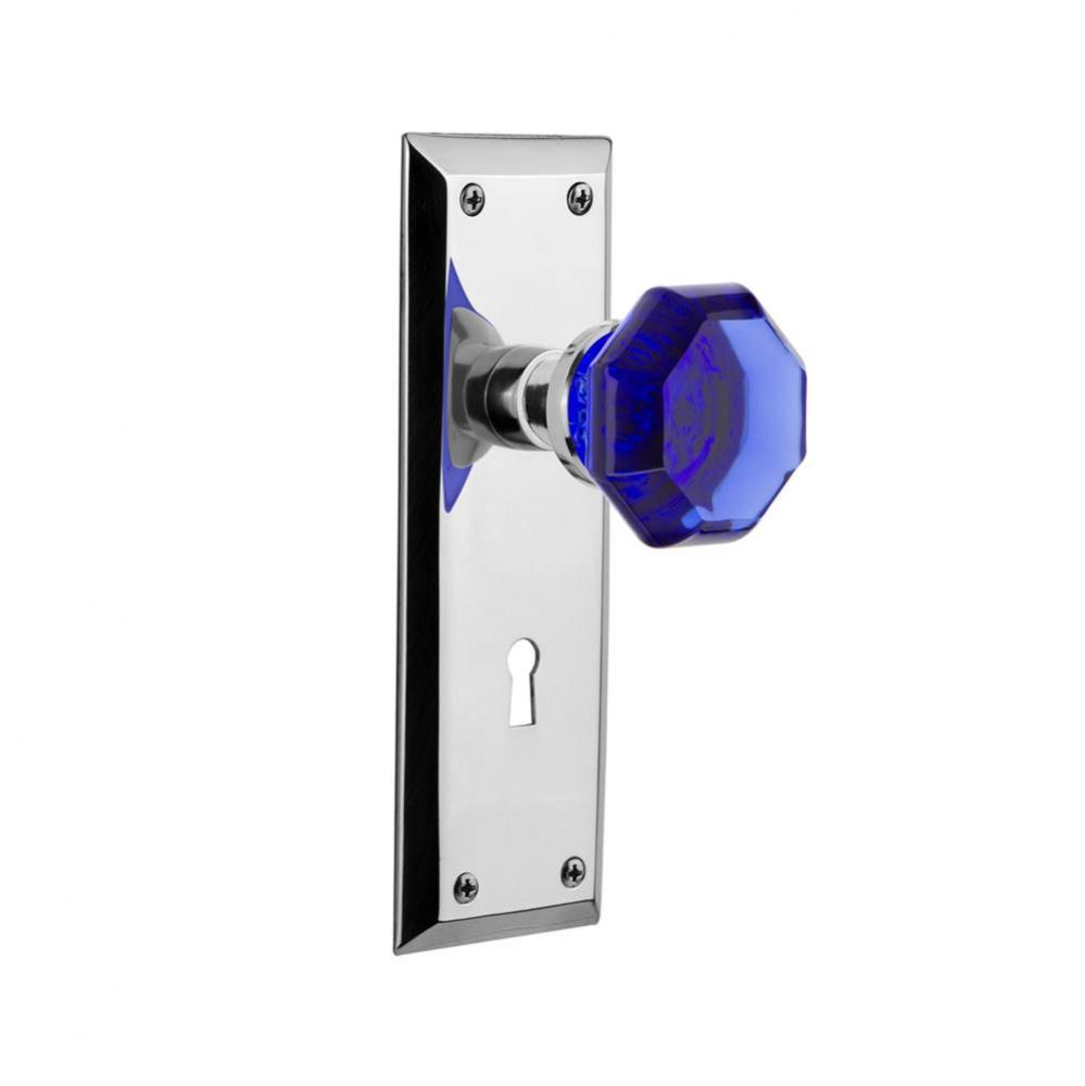 Nostalgic Warehouse New York Plate with Keyhole Passage Waldorf Cobalt Door Knob in Bright Chrome