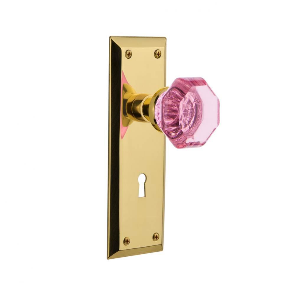 Nostalgic Warehouse New York Plate with Keyhole Passage Waldorf Pink Door Knob in Polished Brass