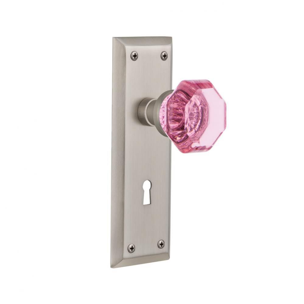 Nostalgic Warehouse New York Plate with Keyhole Passage Waldorf Pink Door Knob in Satin Nickel