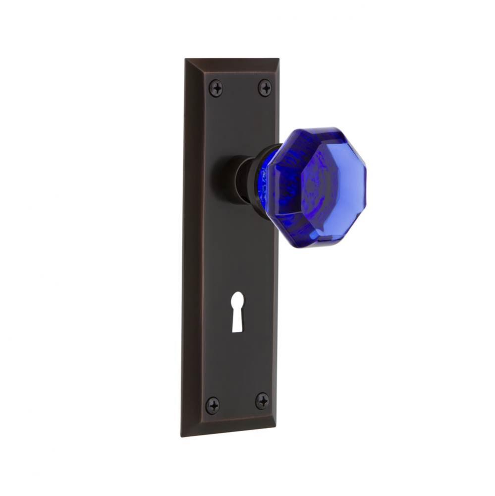 Nostalgic Warehouse New York Plate with Keyhole Passage Waldorf Cobalt Door Knob in Timeless Bronz