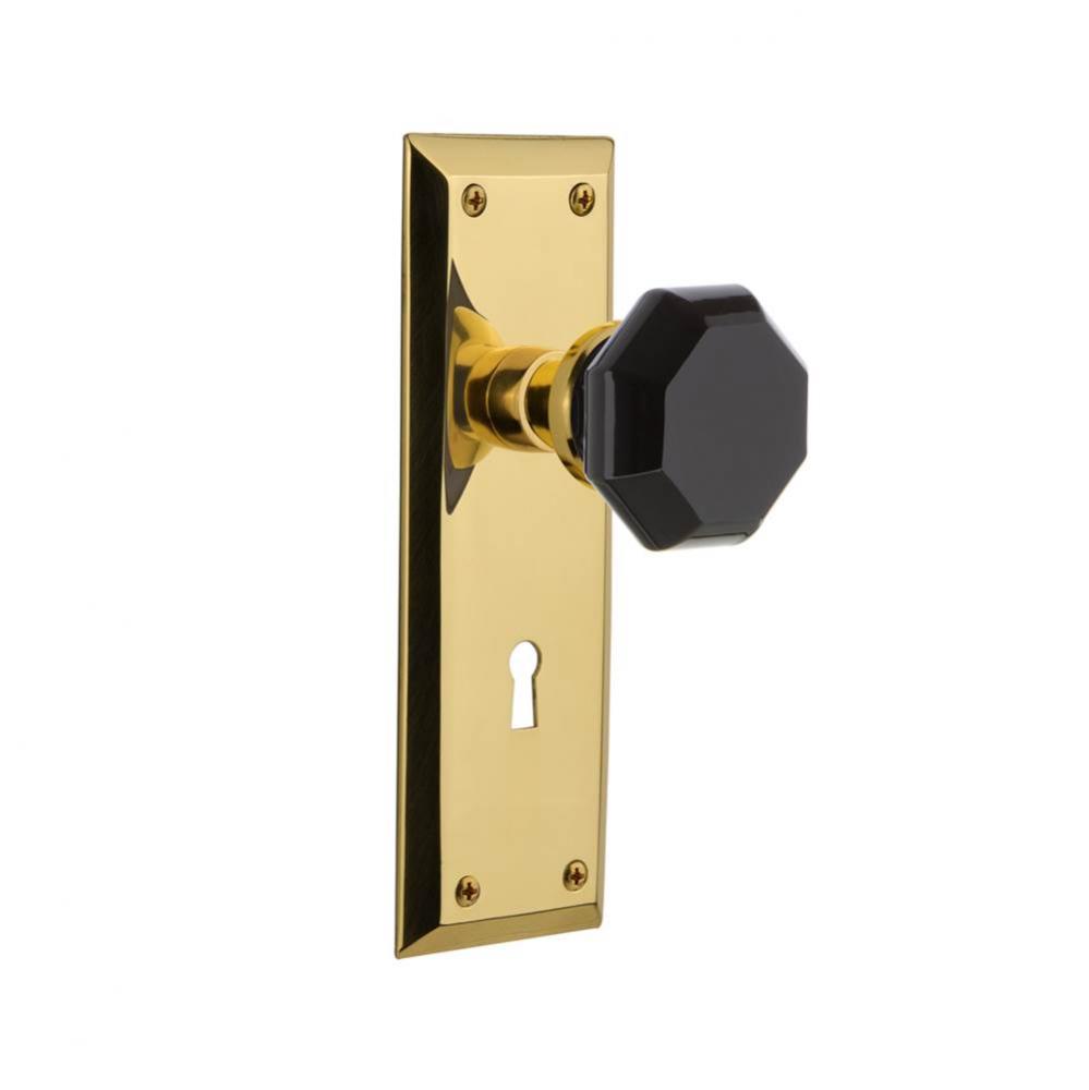 Nostalgic Warehouse New York Plate with Keyhole Passage Waldorf Black Door Knob in Polished Brass