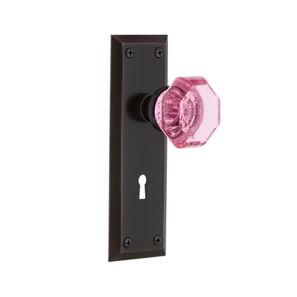 Nostalgic Warehouse New York Plate with Keyhole Passage Waldorf Pink Door Knob in Timeless Bronze
