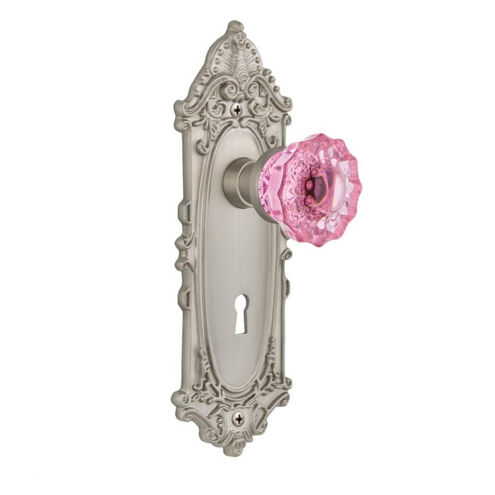 Nostalgic Warehouse Victorian Plate with Keyhole Passage Crystal Pink Glass Door Knob in Satin Nic