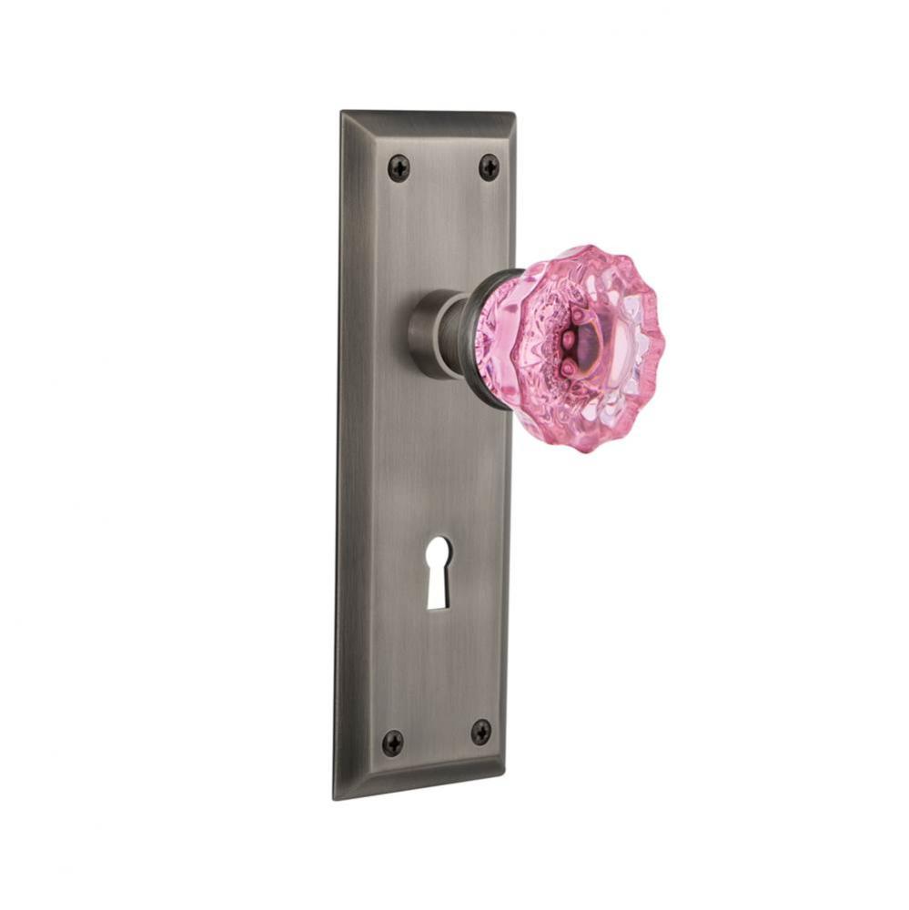 Nostalgic Warehouse New York Plate with Keyhole Single Dummy Crystal Pink Glass Door Knob in Antiq