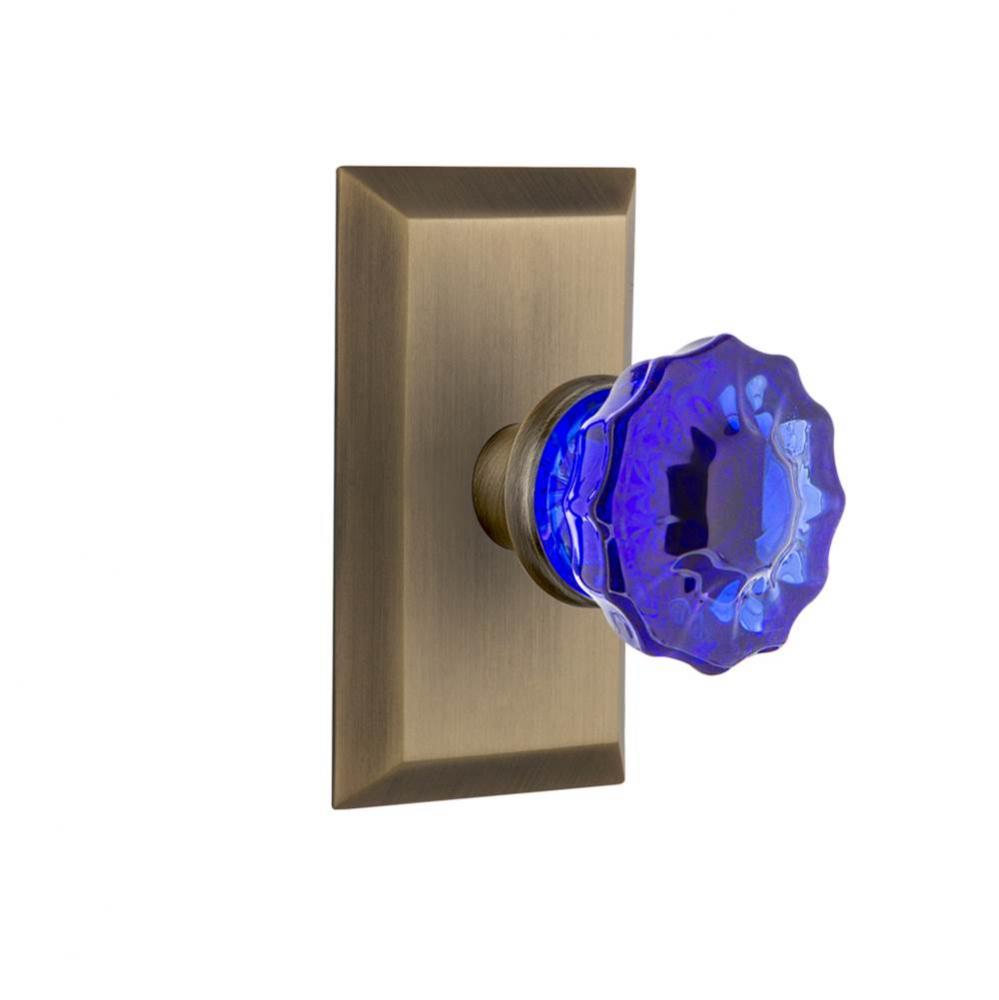 Nostalgic Warehouse Studio Plate Double Dummy Crystal Cobalt Glass Door Knob in Antique Brass
