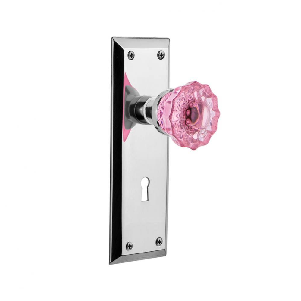 Nostalgic Warehouse New York Plate with Keyhole Double Dummy Crystal Pink Glass Door Knob in Brigh