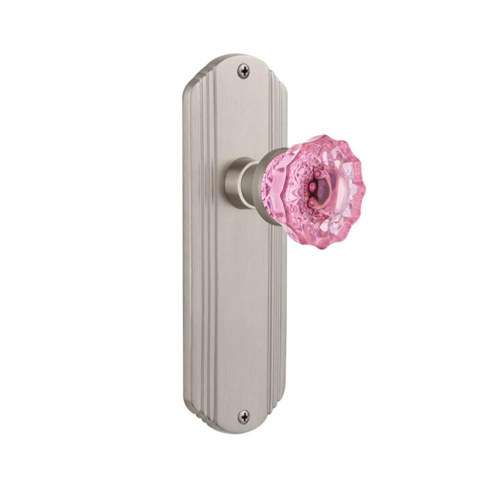 Nostalgic Warehouse Deco Plate Privacy Crystal Pink Glass Door Knob in Satin Nickel