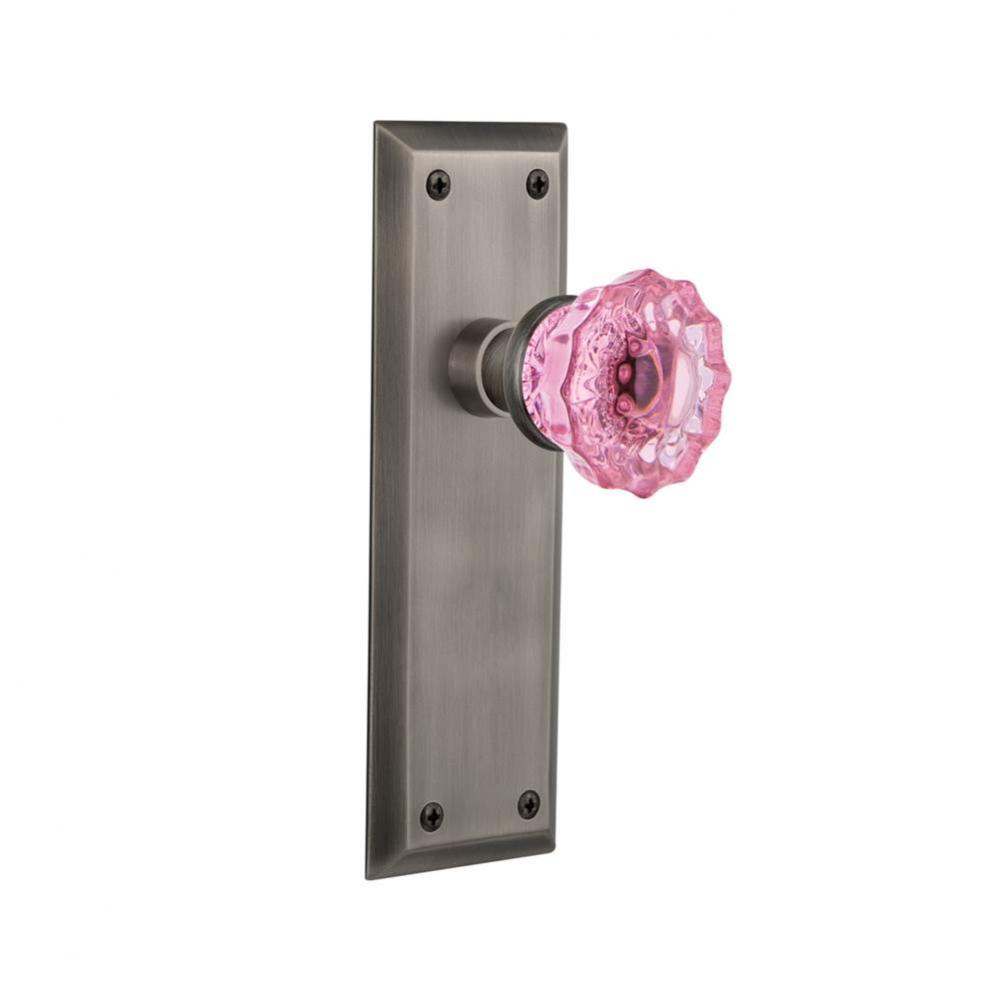 Nostalgic Warehouse New York Plate Privacy Crystal Pink Glass Door Knob in Antique Pewter