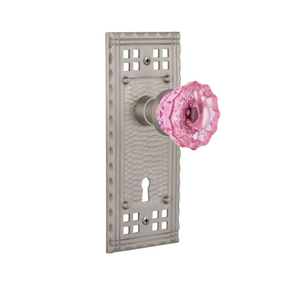 Nostalgic Warehouse Craftsman Plate with Keyhole Privacy Crystal Pink Glass Door Knob in Satin Nic