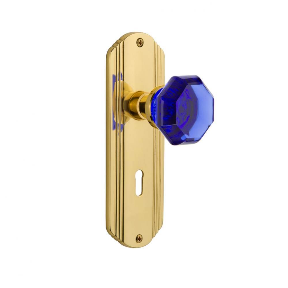 Nostalgic Warehouse Deco Plate with Keyhole Privacy Waldorf Cobalt Door Knob in Unlaquered Brass