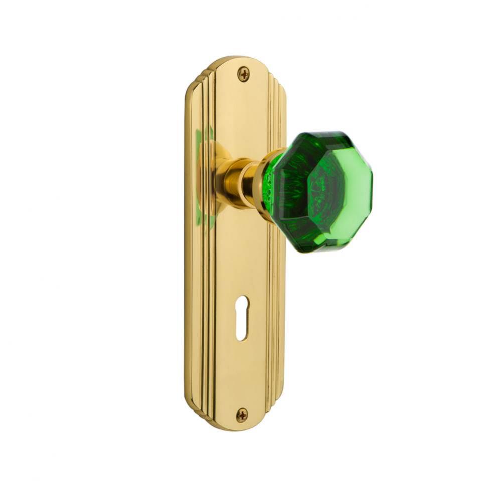 Nostalgic Warehouse Deco Plate with Keyhole Privacy Waldorf Emerald Door Knob in Polished Brass