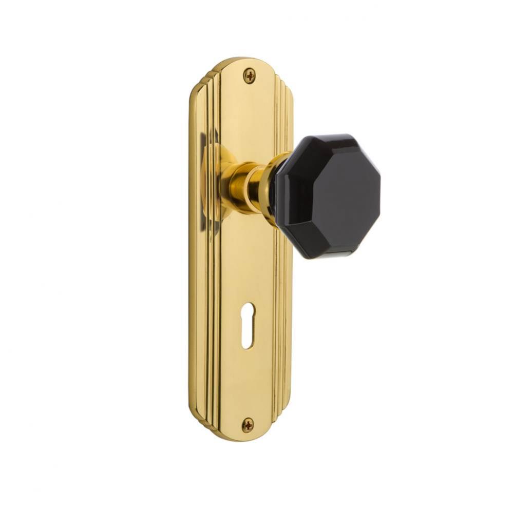 Nostalgic Warehouse Deco Plate with Keyhole Privacy Waldorf Black Door Knob in Unlaquered Brass