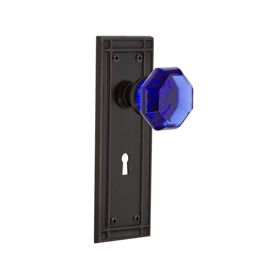 Nostalgic Warehouse Mission Plate with Keyhole Privacy Waldorf Cobalt Door Knob in Timeless Bronze