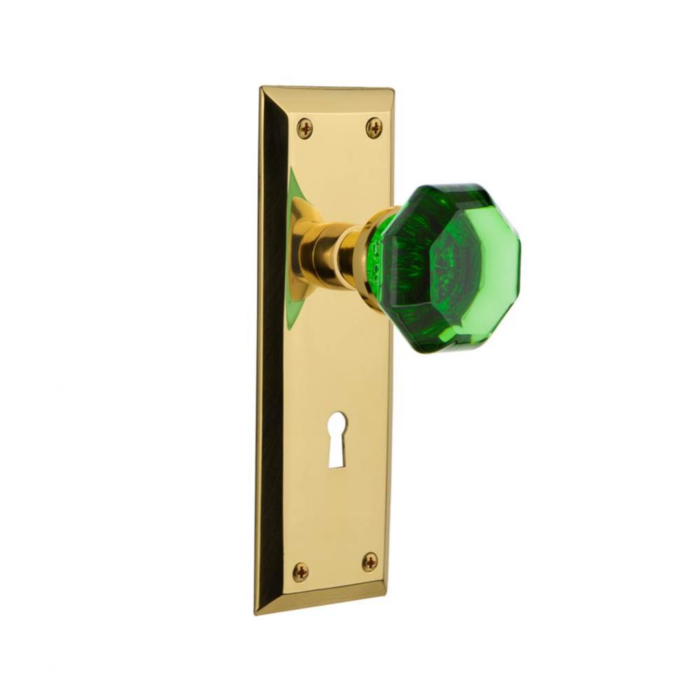 Nostalgic Warehouse New York Plate with Keyhole Privacy Waldorf Emerald Door Knob in Polished Bras