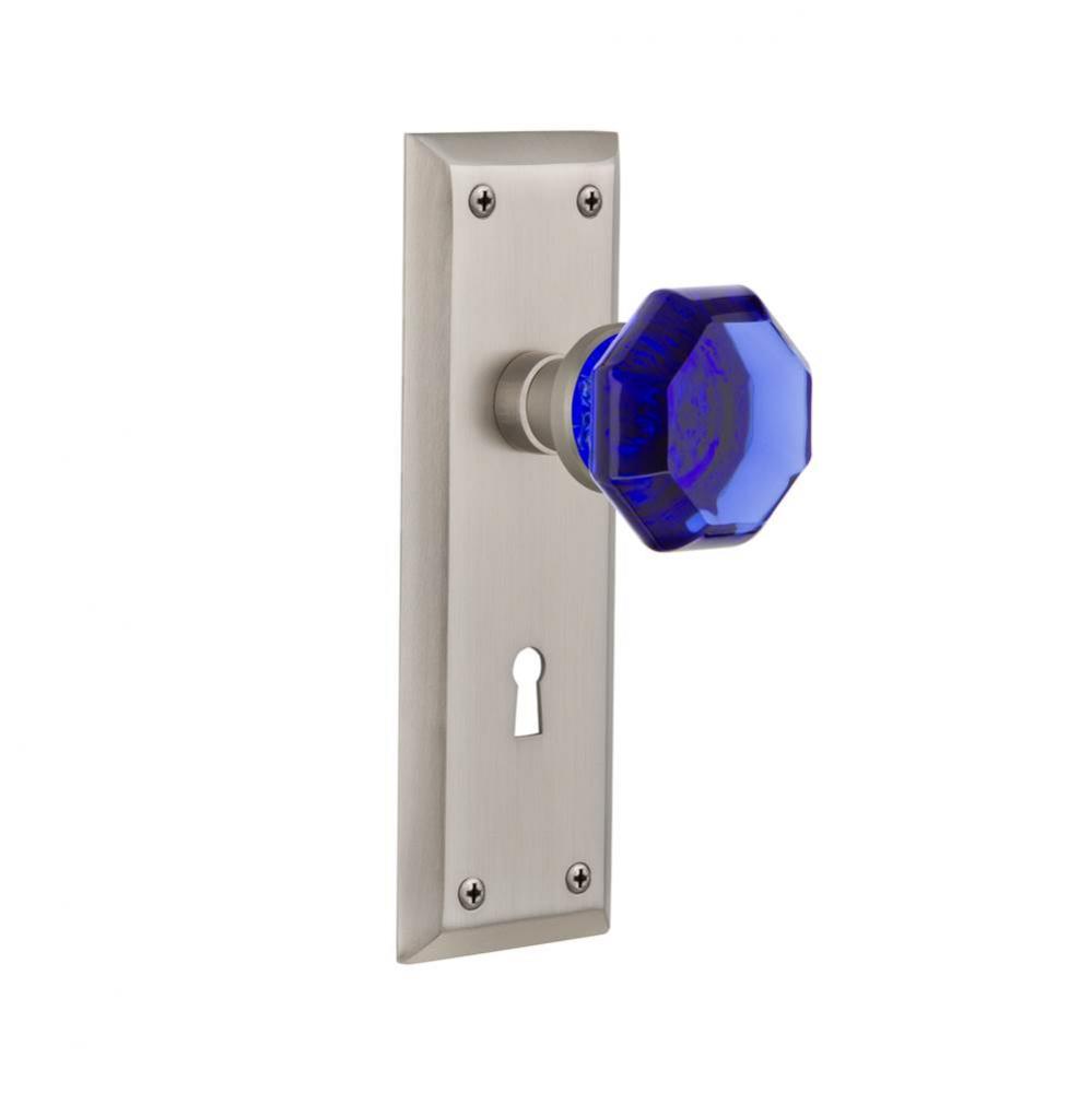 Nostalgic Warehouse New York Plate with Keyhole Privacy Waldorf Cobalt Door Knob in Satin Nickel