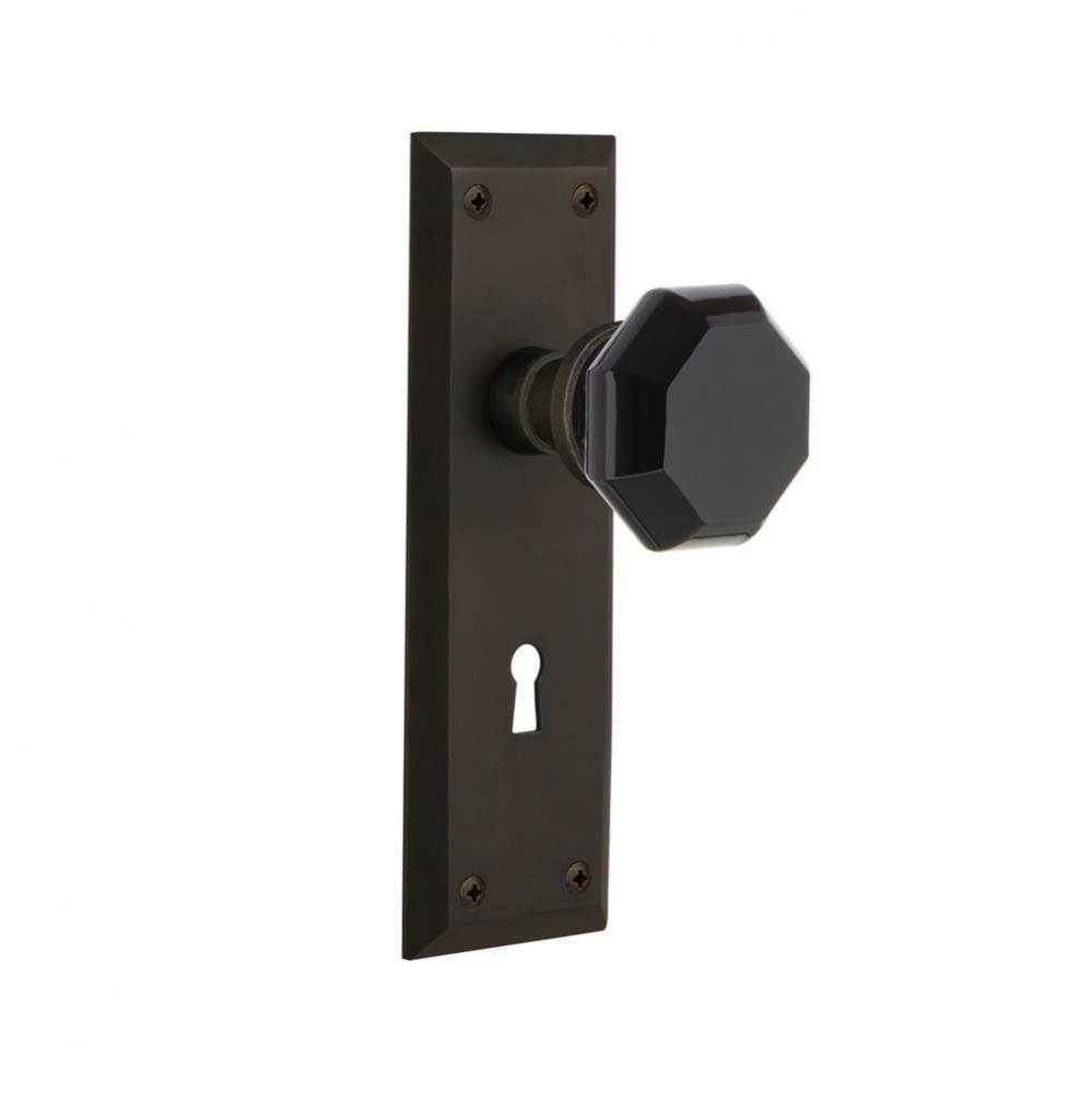 Nostalgic Warehouse New York Plate with Keyhole Privacy Waldorf Black Door Knob in Oil-Rubbed Bron