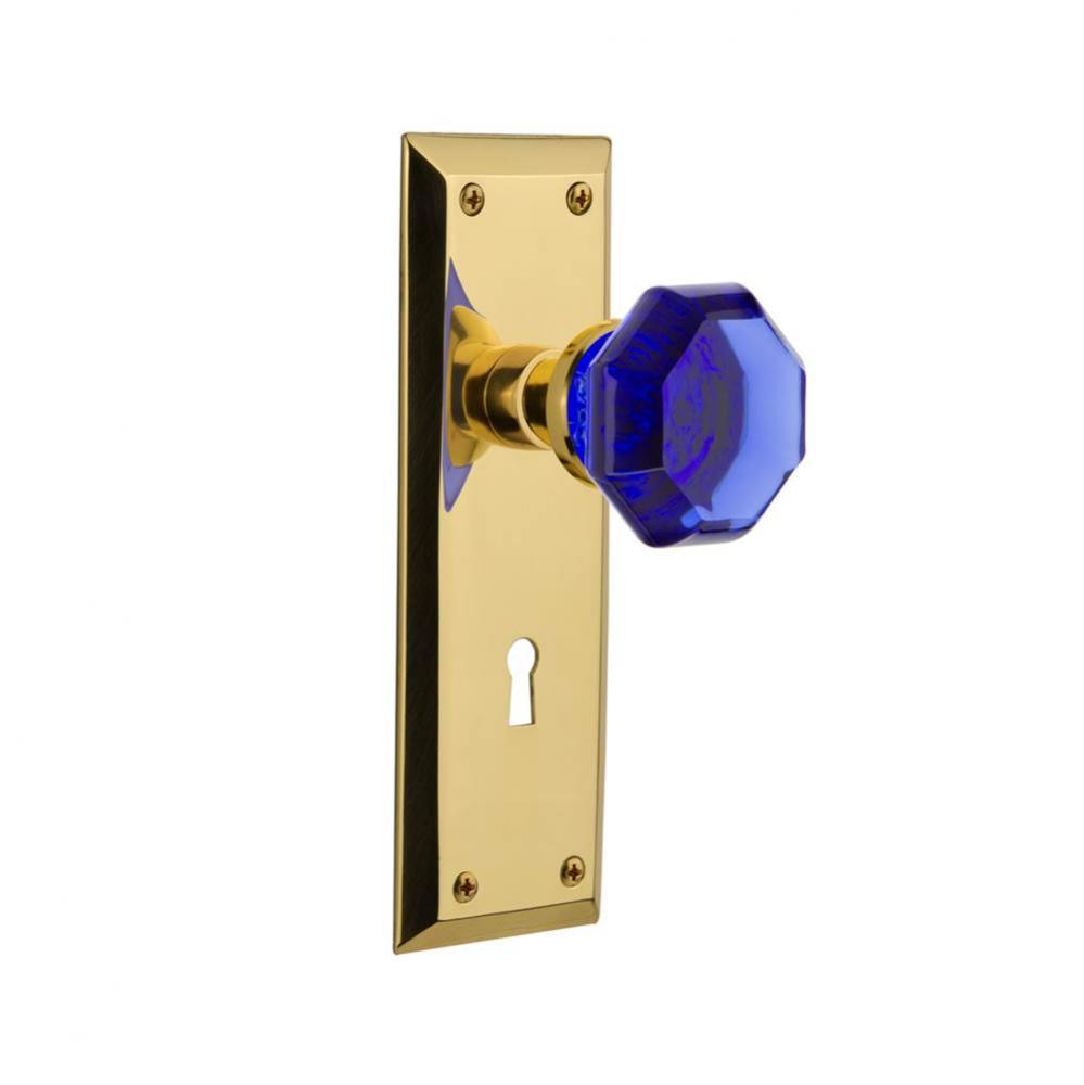 Nostalgic Warehouse New York Plate with Keyhole Privacy Waldorf Cobalt Door Knob in Polished Brass