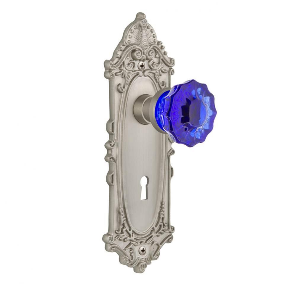 Nostalgic Warehouse Victorian Plate with Keyhole Privacy Crystal Cobalt Glass Door Knob in Satin N