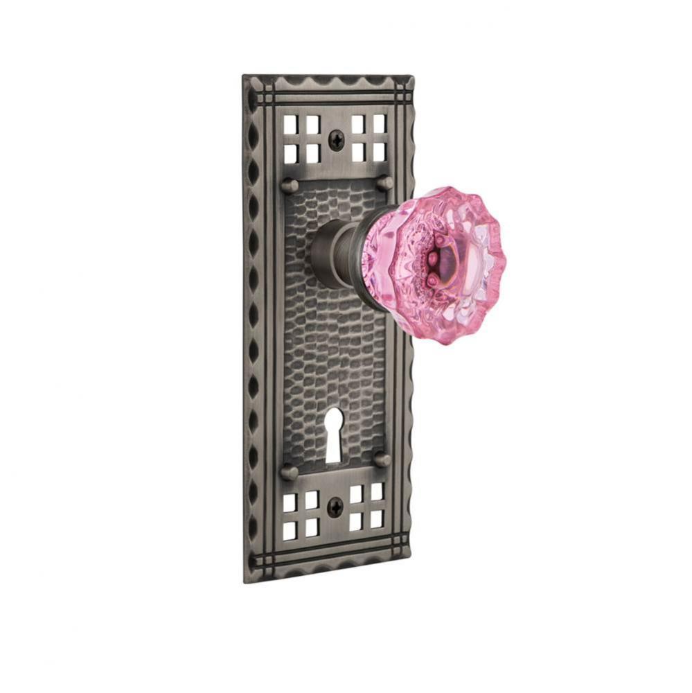 Nostalgic Warehouse Craftsman Plate Interior Mortise Crystal Pink Glass Door Knob in Antique Pewte