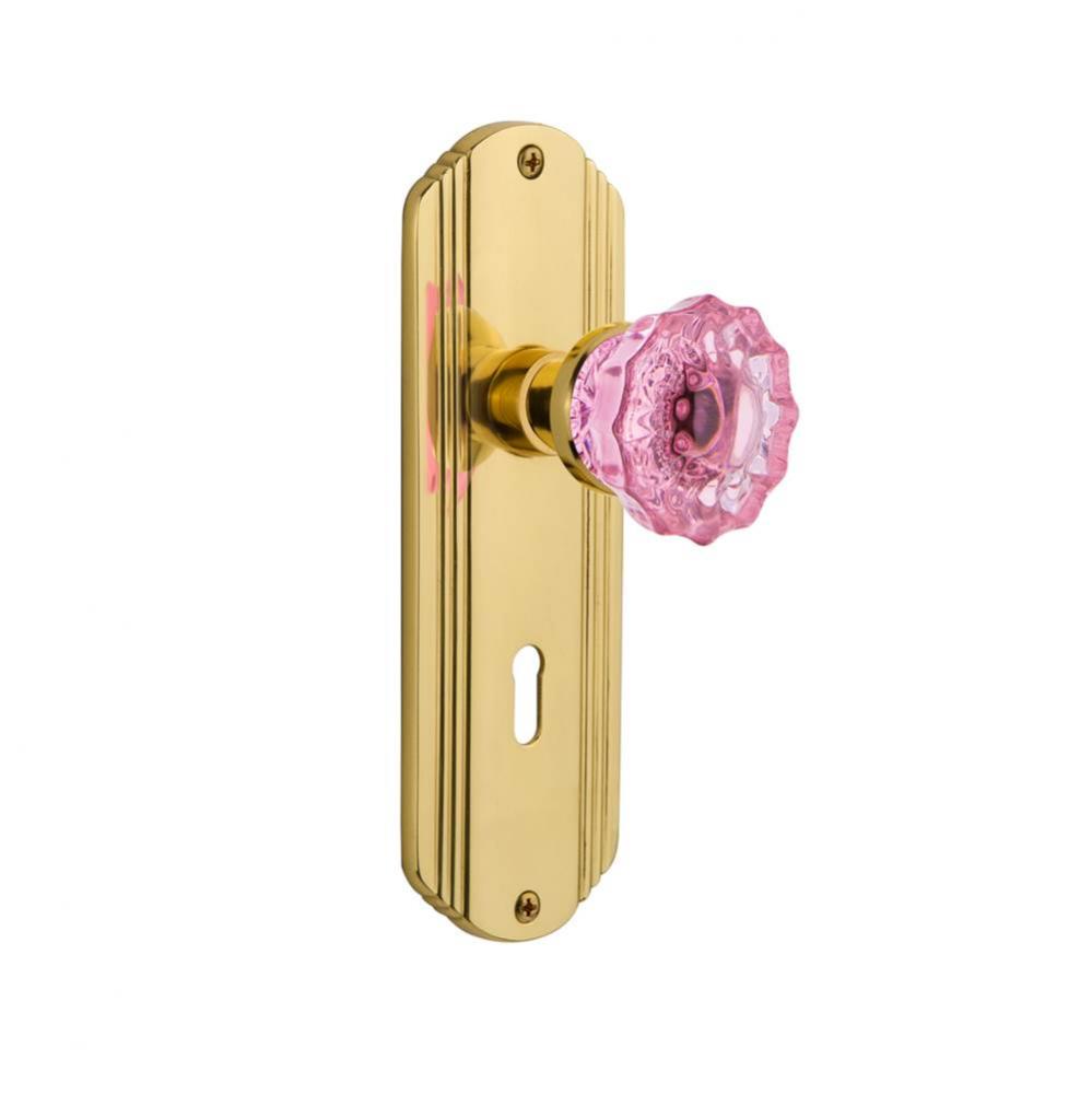 Nostalgic Warehouse Deco Plate Interior Mortise Crystal Pink Glass Door Knob in Unlaquered Brass