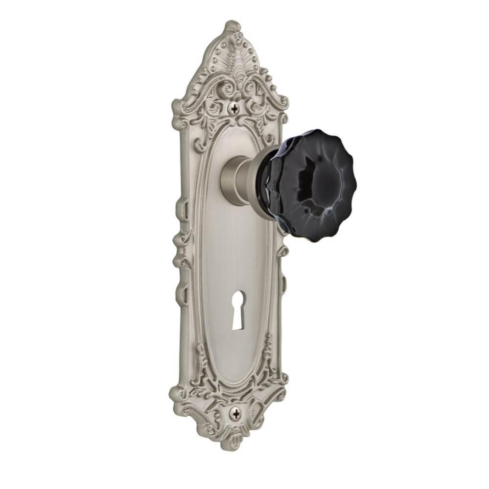 Nostalgic Warehouse Victorian Plate with Keyhole Privacy Crystal Black Glass Door Knob in Satin Ni