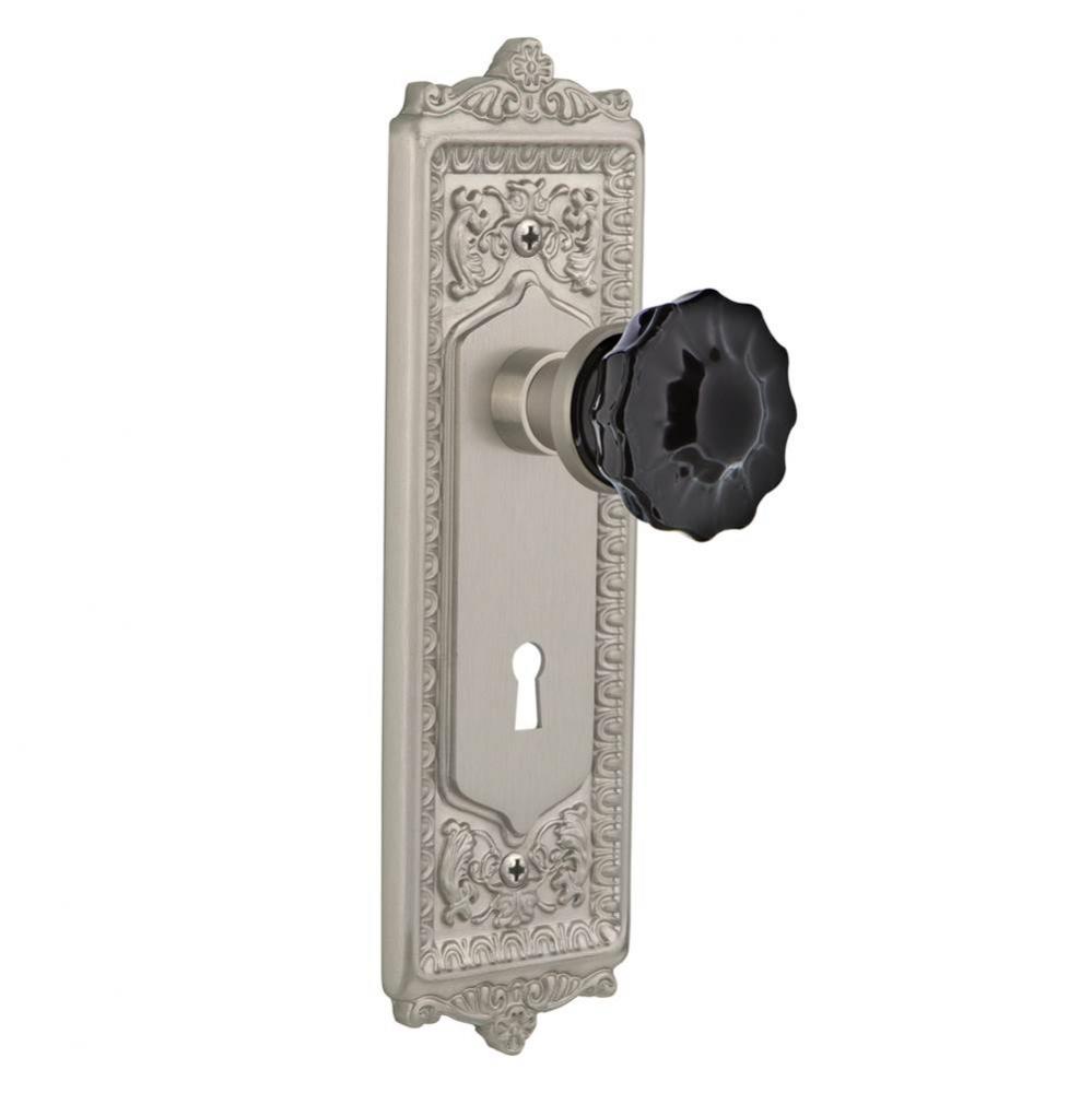 Nostalgic Warehouse Egg & Dart Plate Interior Mortise Crystal Black Glass Door Knob in Satin N
