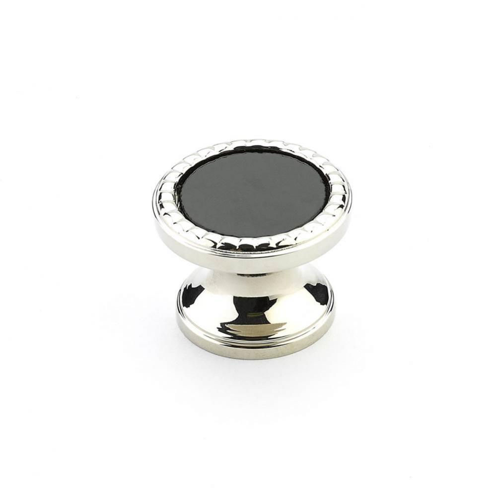 Knob, Round, Polished Nickel, Classic Black Glass, 1-1/4'' dia