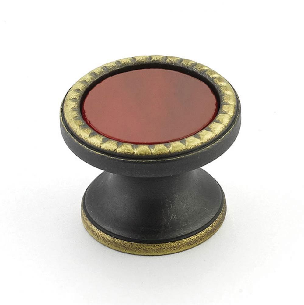 Knob, Round, Ancient Bronze, Scarlet Glass, 1-1/4'' dia