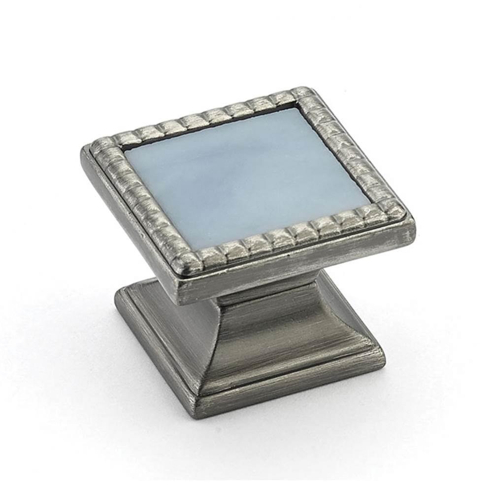 Knob, Square, Antique Nickel, Glacier Blue Glass Inlay, 1-1/4'' dia