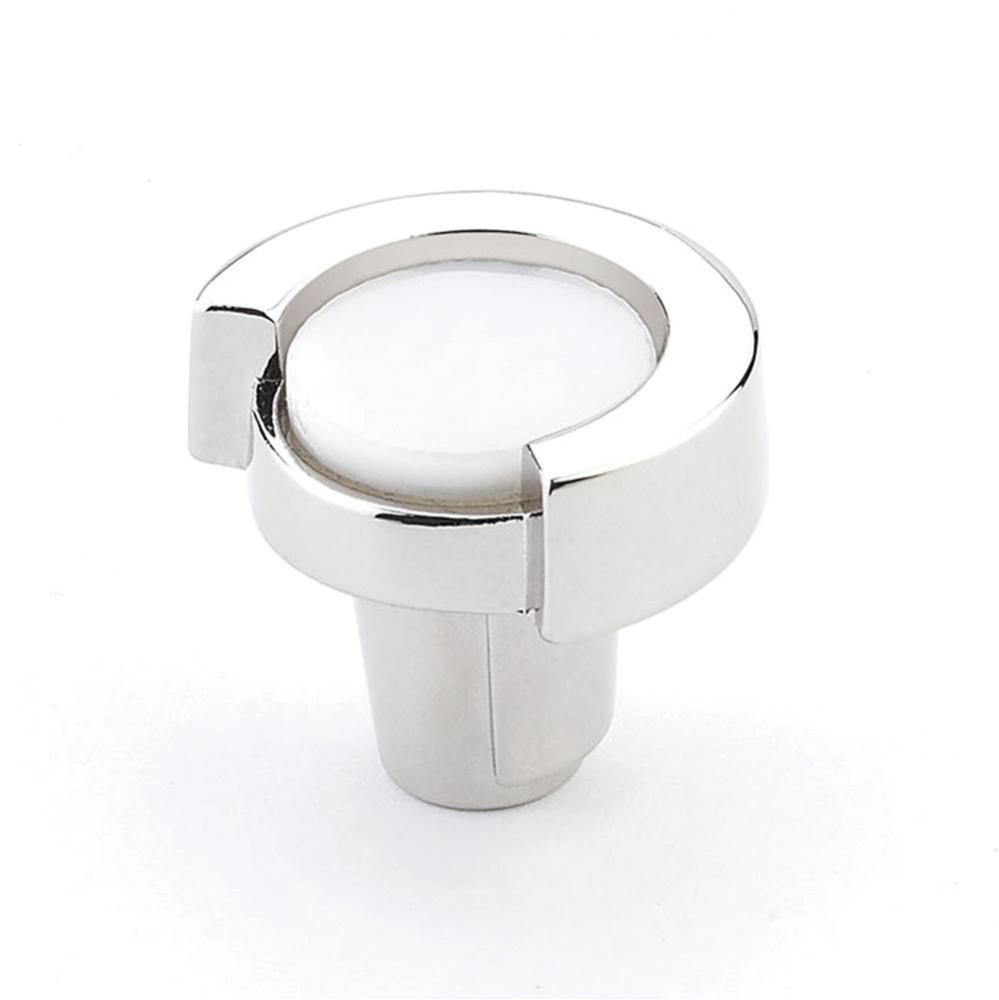 Knob, Round, Polished Nickel, White Glass, 1-1/4'' dia