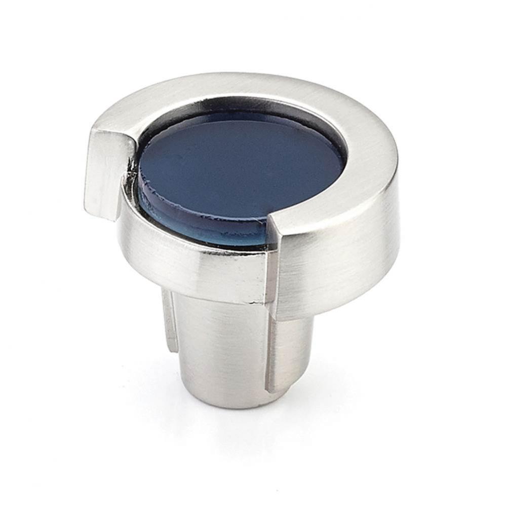 Knob, Round, Satin Nickel, Steel Blue Glass, 1-1/4'' dia