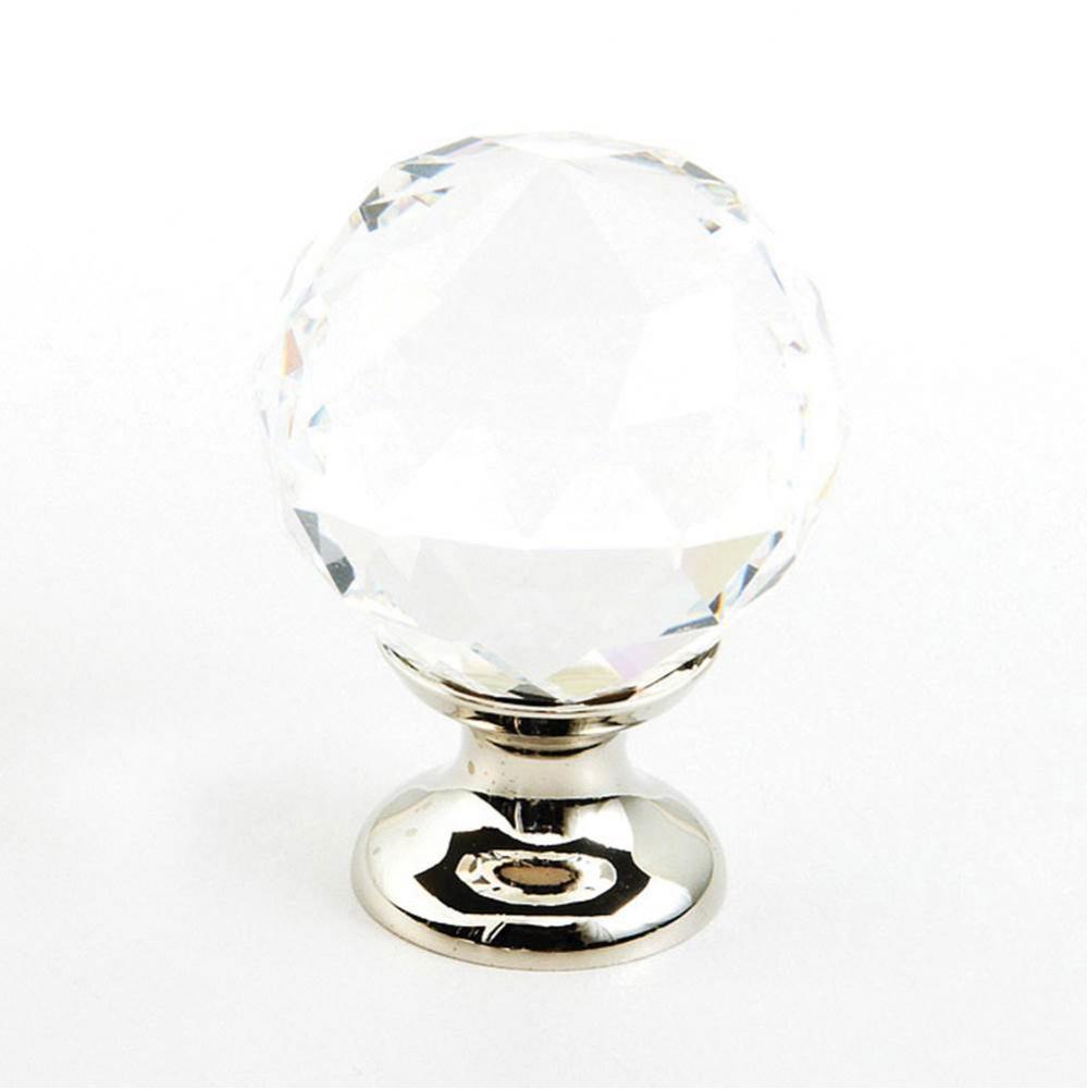 Knob, Clear, Round Crystal, Polished Nickel 1-1/8'' dia