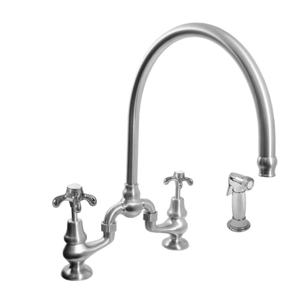 Sancerre Bridge Kitchen Faucet with High-Arc Spout, Handspray, and 481 Drop Cross Handle in Satin