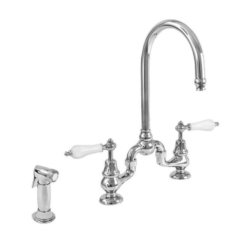 Sancerre Bridge Kitchen Faucet with Handspray and 485 Porcelain Lever in Polished Chrome