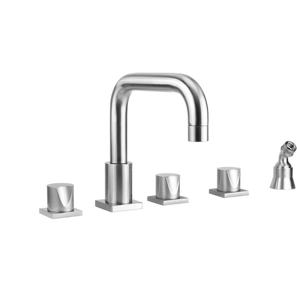 Contempo Downtown Roman Tub Set with Thumb Handles - Square Escutcheons and Angled Handshower Hold