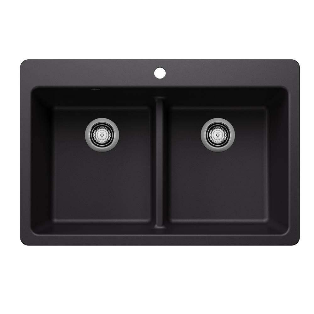 Liven SILGRANIT 33'' 50/50 Double Bowl Dual Mount Kitchen Sink with Low Divide - Coal Bl