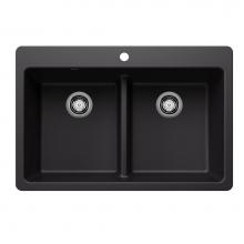 Blanco 443202 - Liven SILGRANIT 33'' 50/50 Double Bowl Dual Mount Kitchen Sink with Low Divide - Coal Bl