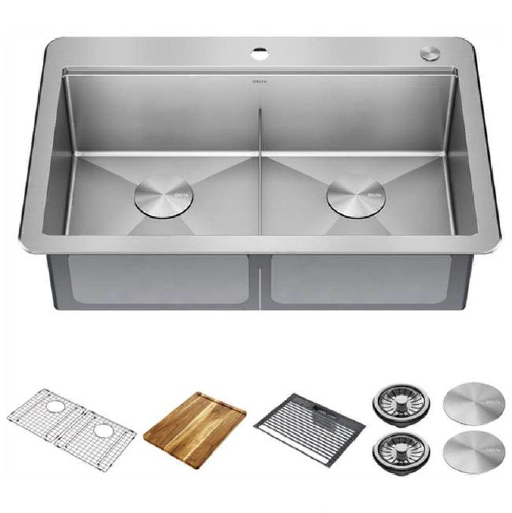 Lorelai™ 33'' Workstation Kitchen Sink Drop-In Top Mount 16 Gauge Stainless Steel Doub
