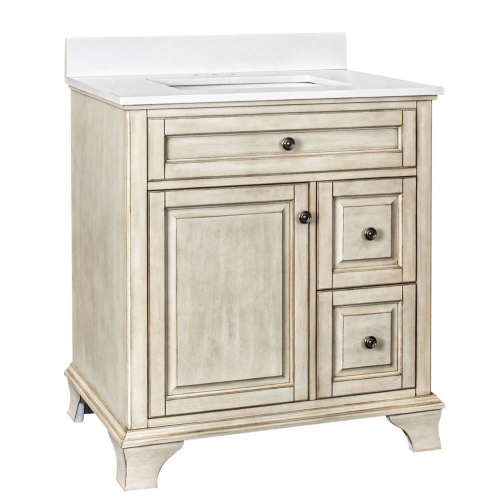Corsicana 31'' Antique White Vanity with Silver Crystal White ES Top