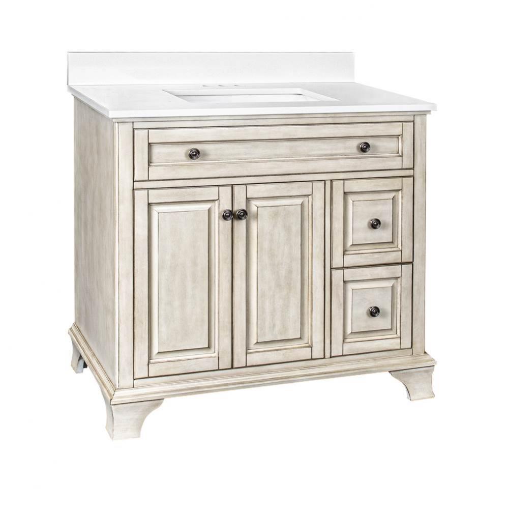 Corsicana 37'' Antique White Vanity with Silver Crystal White ES Top