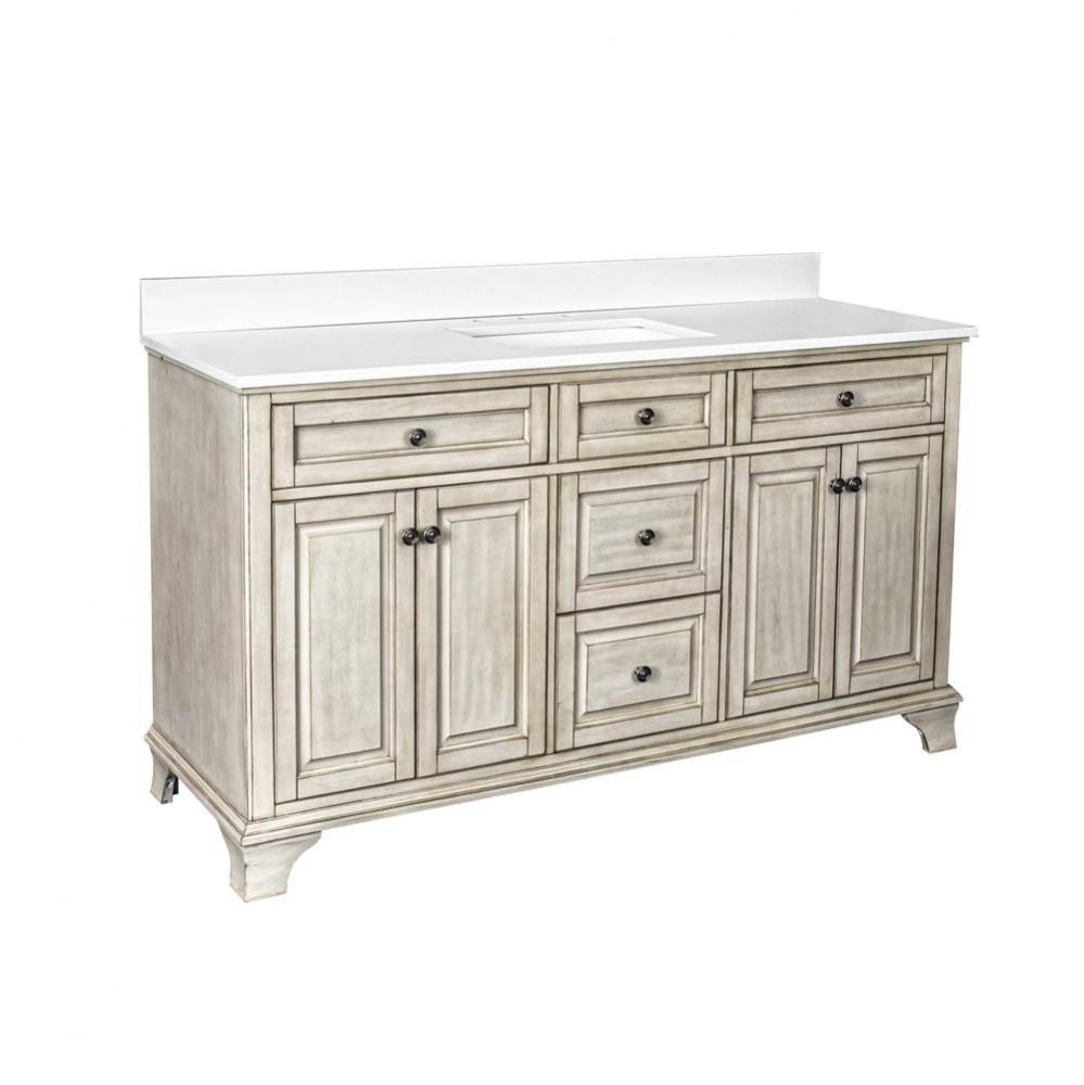 Corsicana 61'' Antique White Vanity with Silver Crystal White ES Top