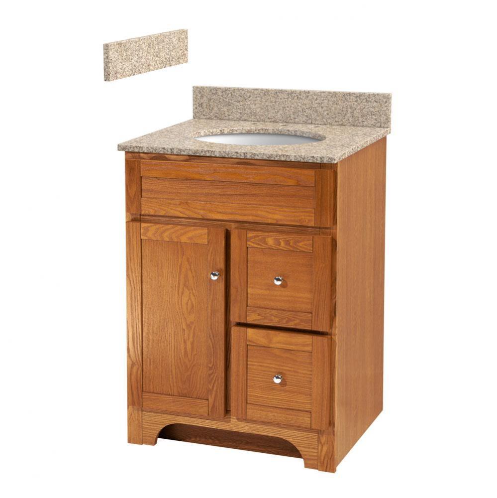 Worthington 24 inch oak bathroom vanity with wheat beige granite top and white vitreous china