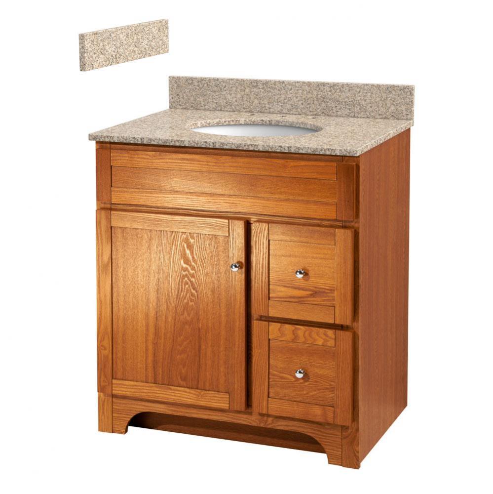 Worthington 30 inch oak bathroom vanity with wheat beige granite top and white vitreous china