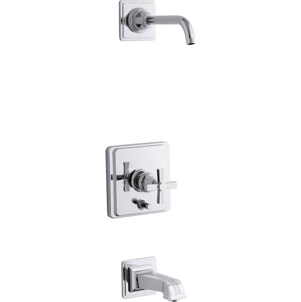 Pinstripe® Rite-Temp(R) bath and shower trim set with push-button diverter and cross handle,