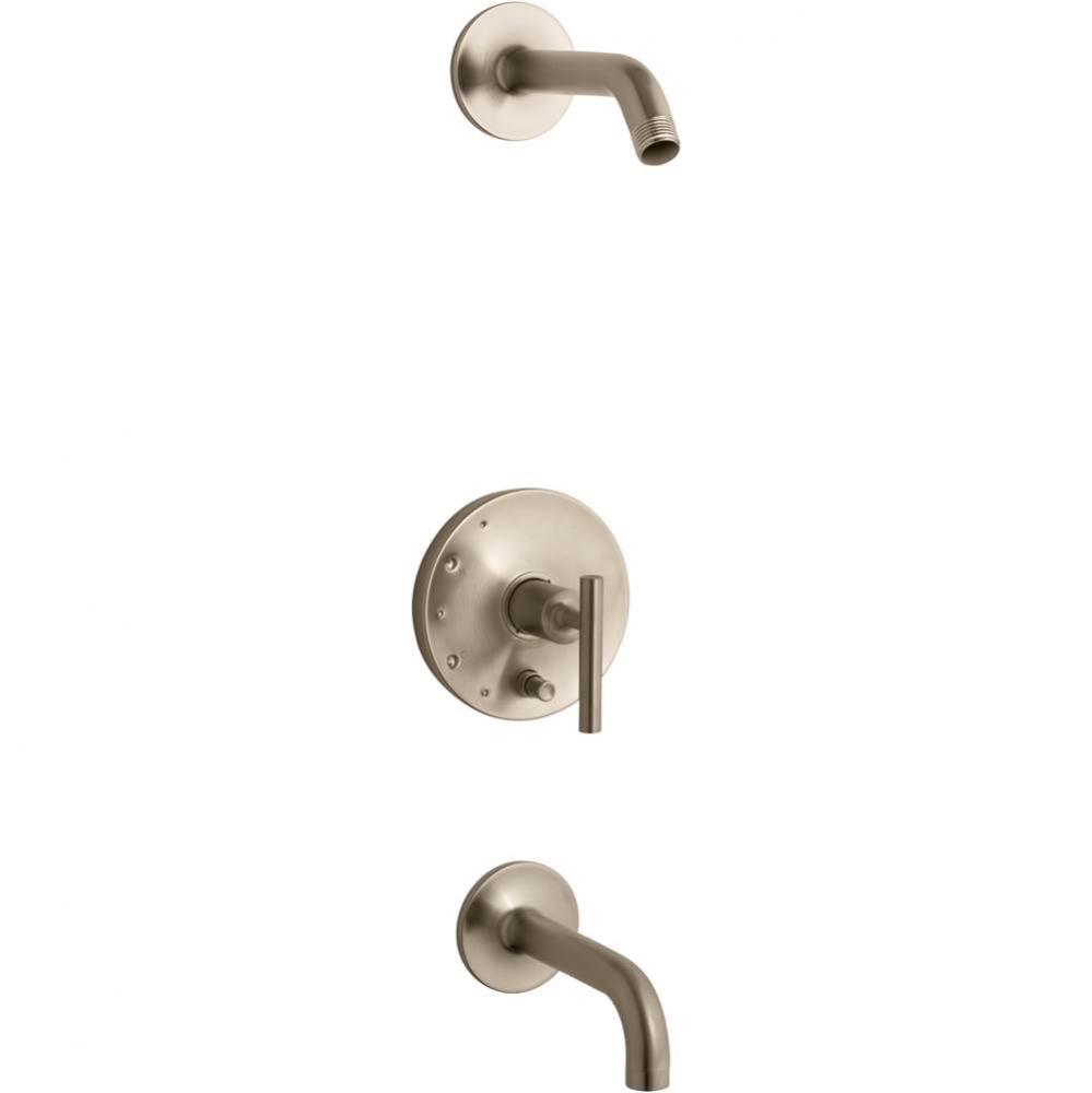 Purist® Rite-Temp(R) bath and shower trim set with push-button diverter and lever handle, les