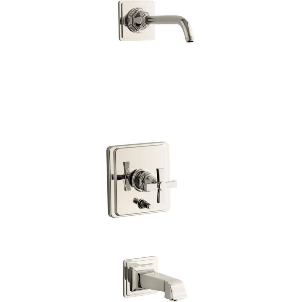 Pinstripe® Pure Rite-Temp® bath and shower trim set with push-button diverter and cross