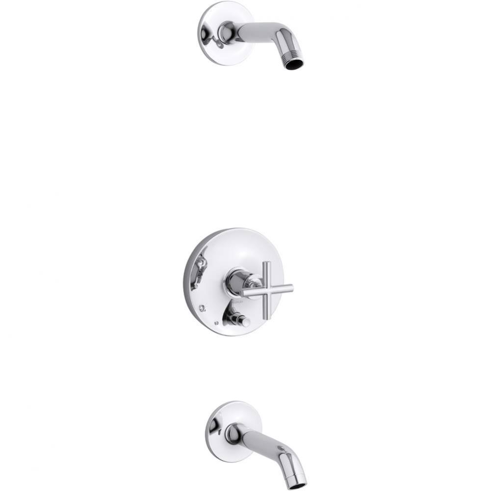 Purist® Rite-Temp(R) bath and shower trim set with push-button diverter and cross handle, les