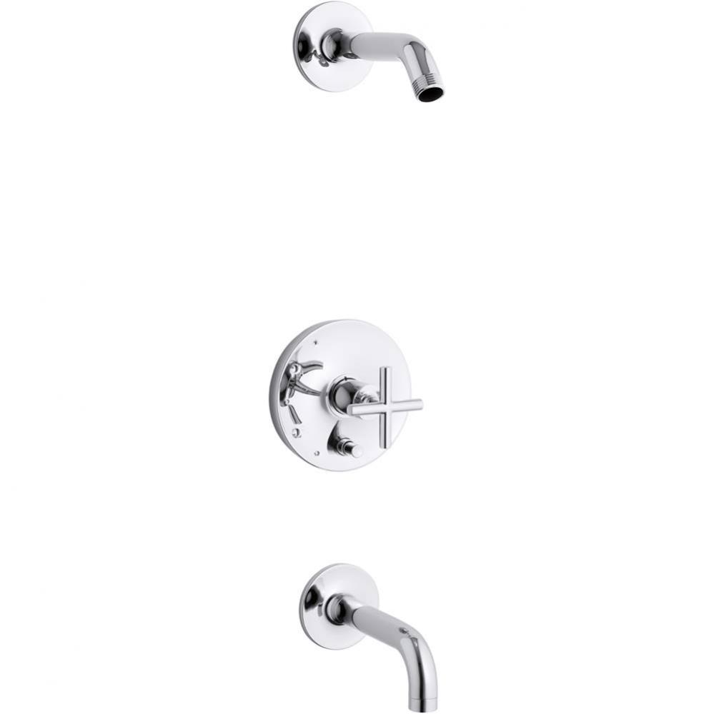 Purist® Rite-Temp(R) bath and shower trim set with push-button diverter and cross handle, les